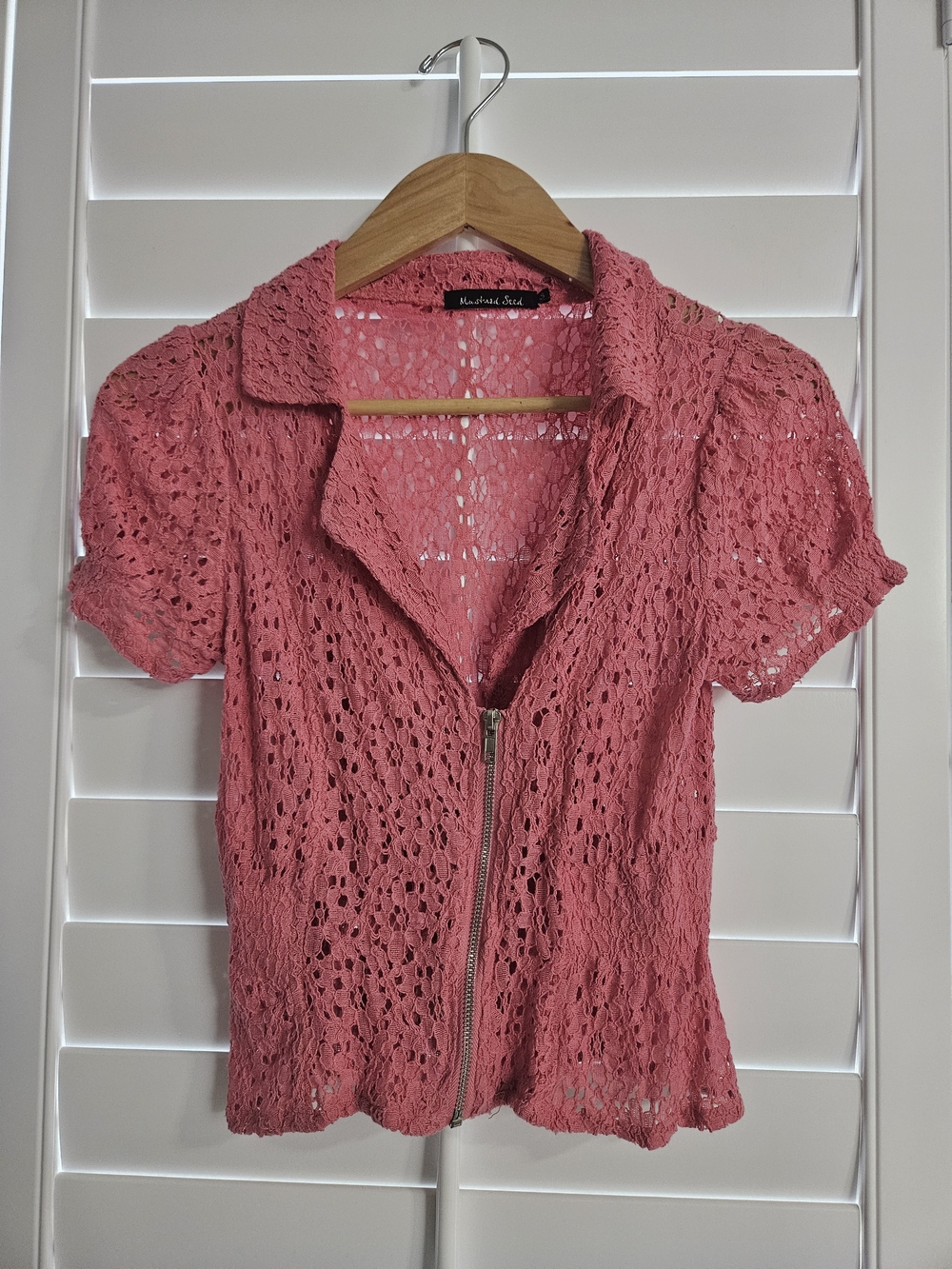 Coral Pink Crochet Zip-Front Short Sleeve Top